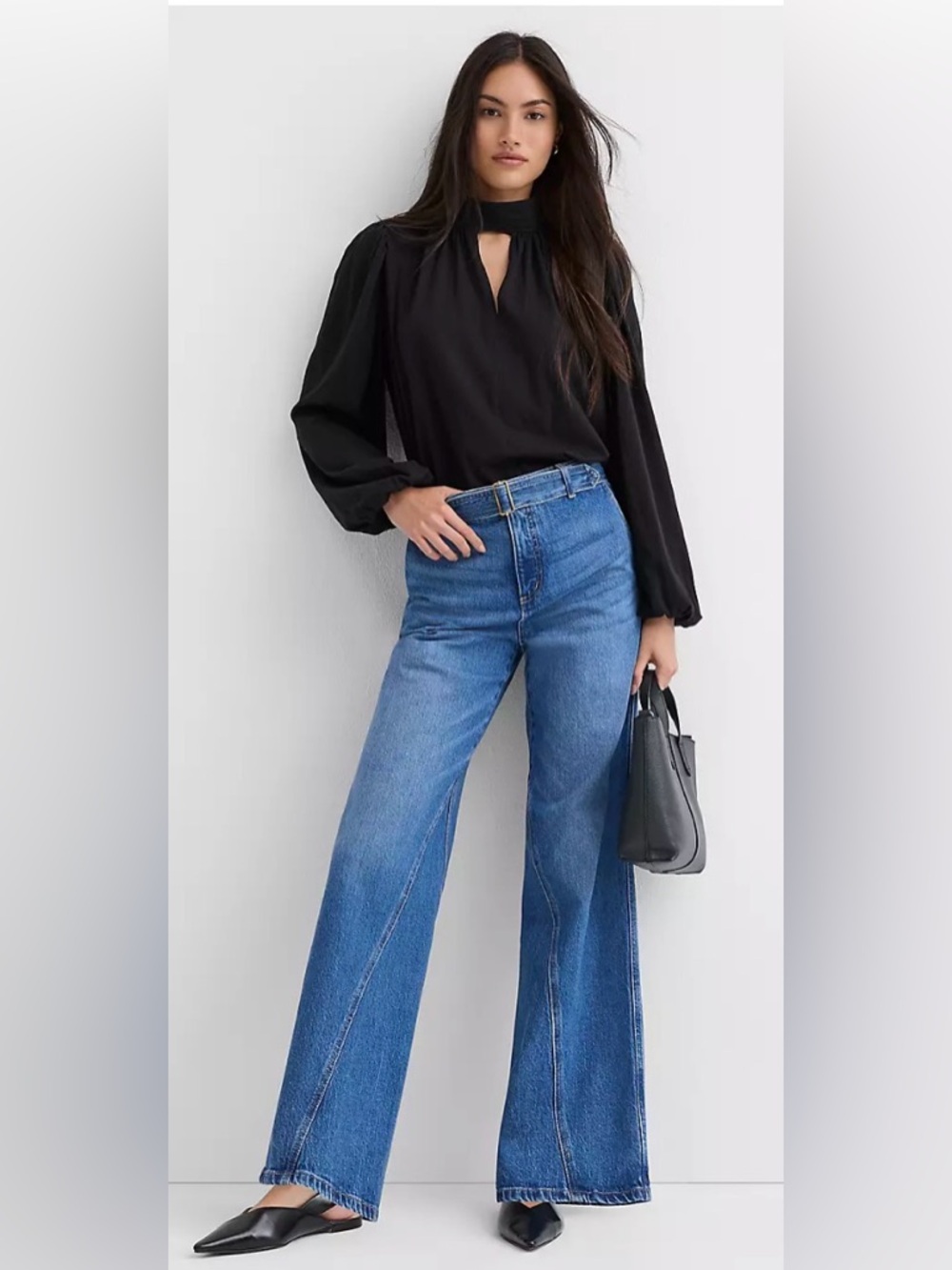 Loft Women’s Belted Slim Wide Leg Jeans in Bright Medium Stone Wash Blue